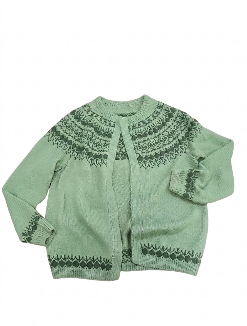 ​Vintage Fair Isle Nordic Handmade Cardigan Sweater Mint Green Women's L - Picture 2 of 5